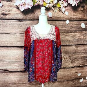 Bila Women’s Rayon Green Red White Boho Floral Lace Abstract Printed Blouse
